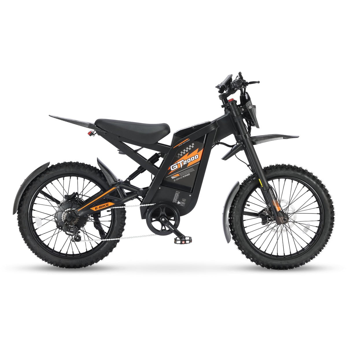 Bicicleta elétrica OUXI.BR GT2000 preta com pneus off-road e detalhes em laranja.