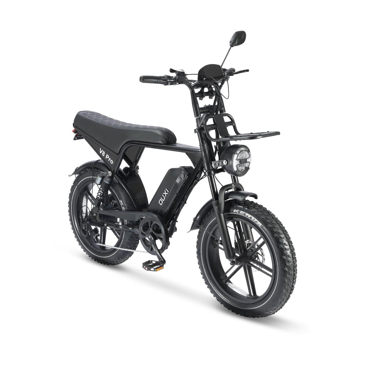 Bicicleta elétrica OUXI V8 Pro preta com pneus fat tire para aventura e off-road.