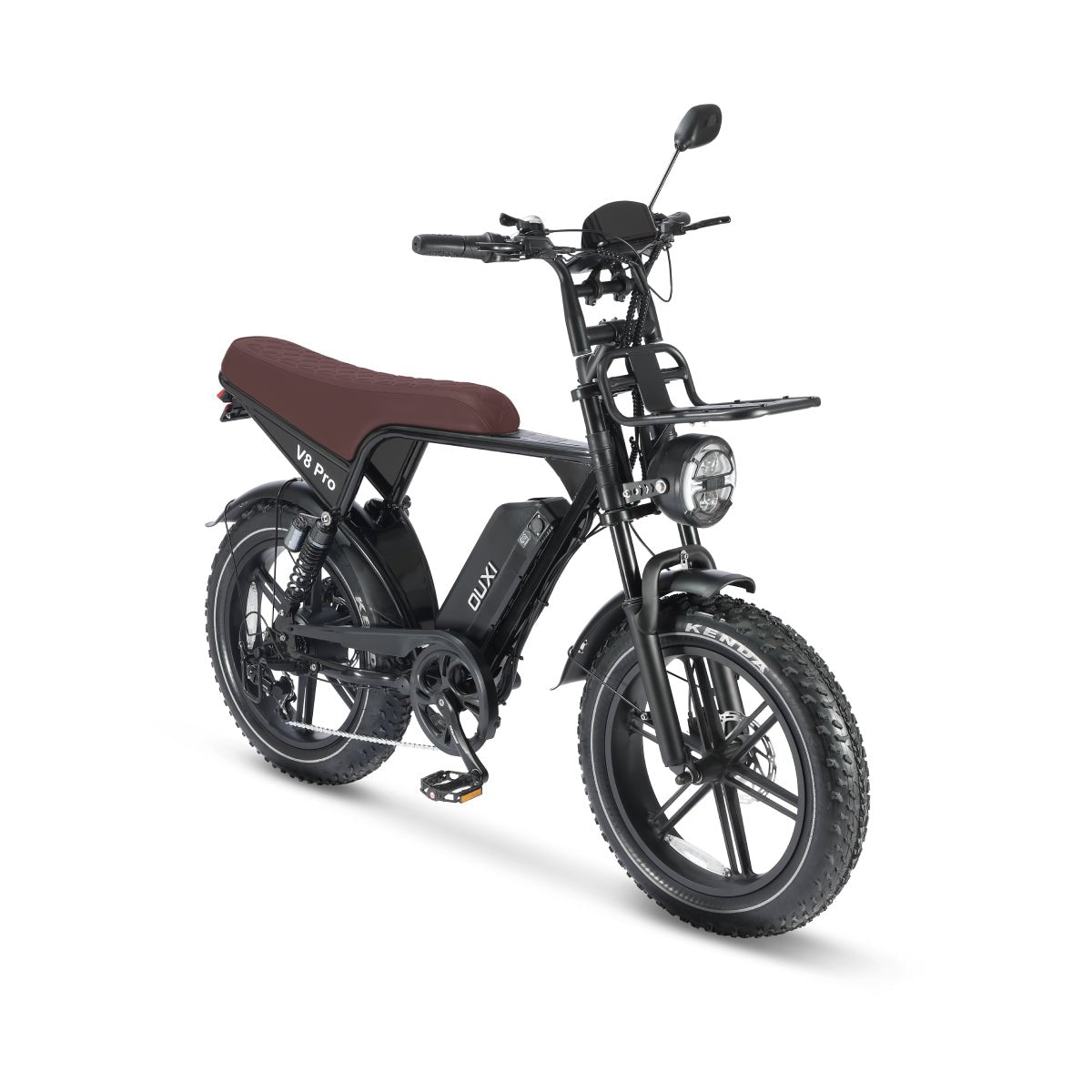 Bicicleta elétrica OUXI V8 Pro preta com pneus fat tire e assento marrom