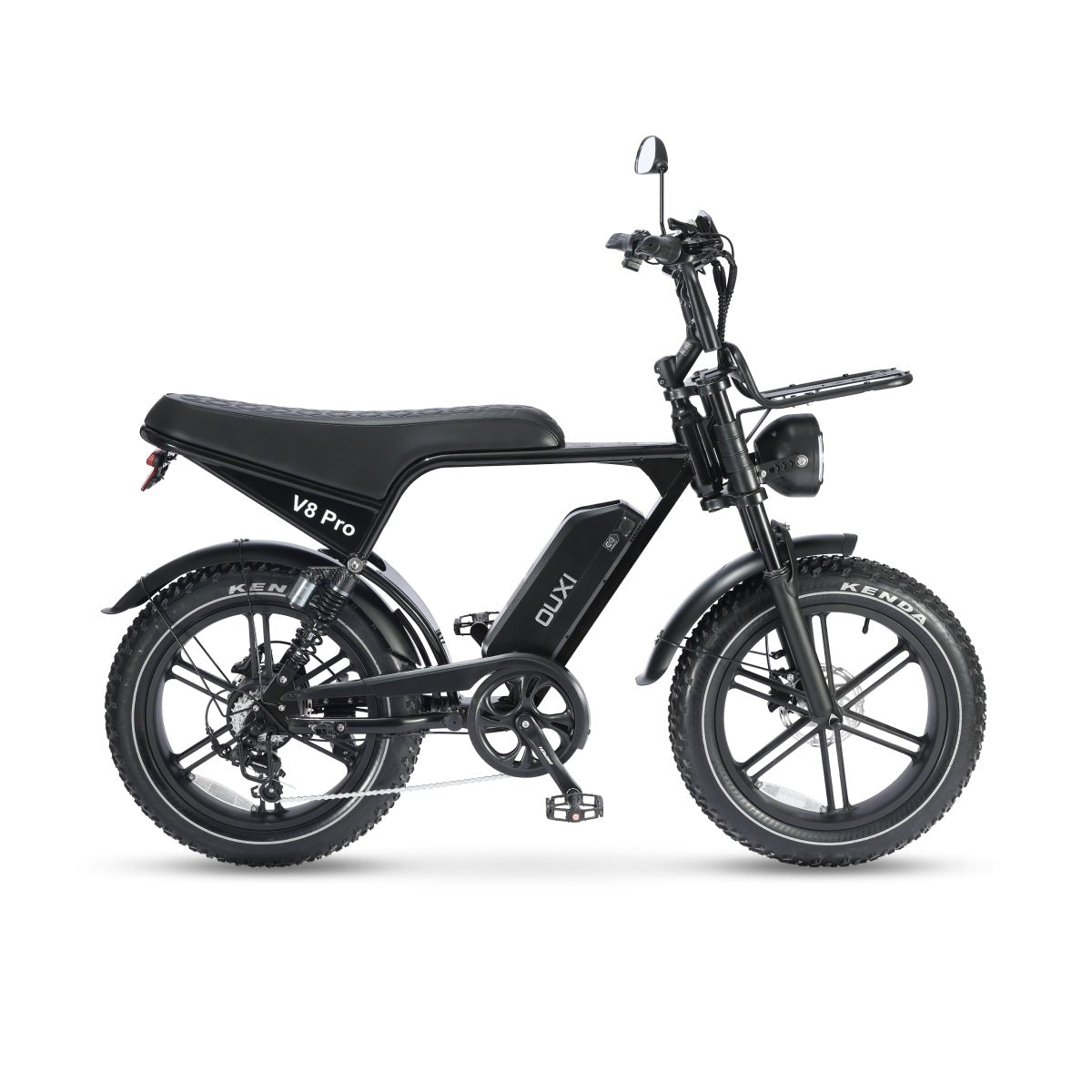 Bicicleta elétrica OUXI V8 Pro preta com pneus fat tire para aventura e off-road.
