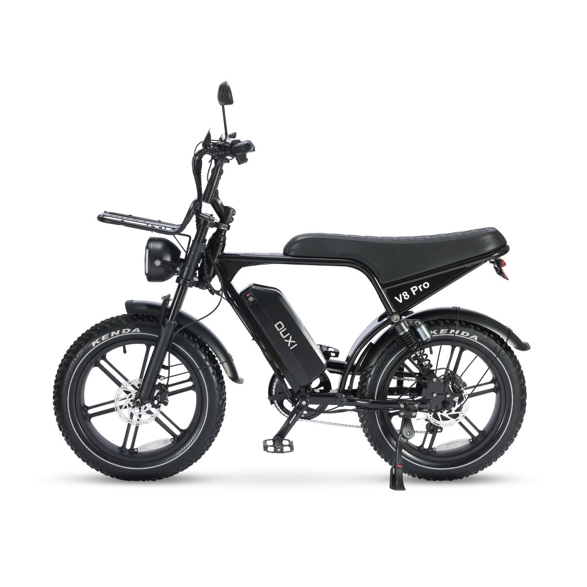 Bicicleta elétrica OUXI V8 Pro com pneus fat tire pretos para cidade e aventura.